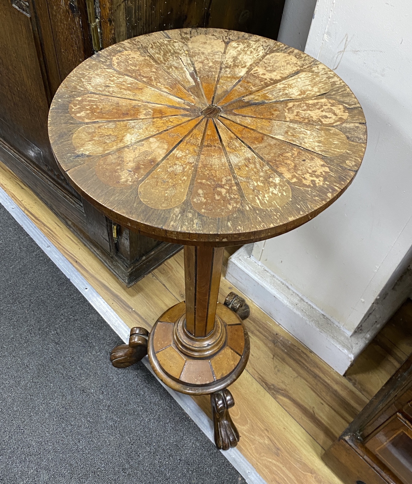 A 19th century Continental circular specimen wood wine table, diameter 38cm, height 73cm